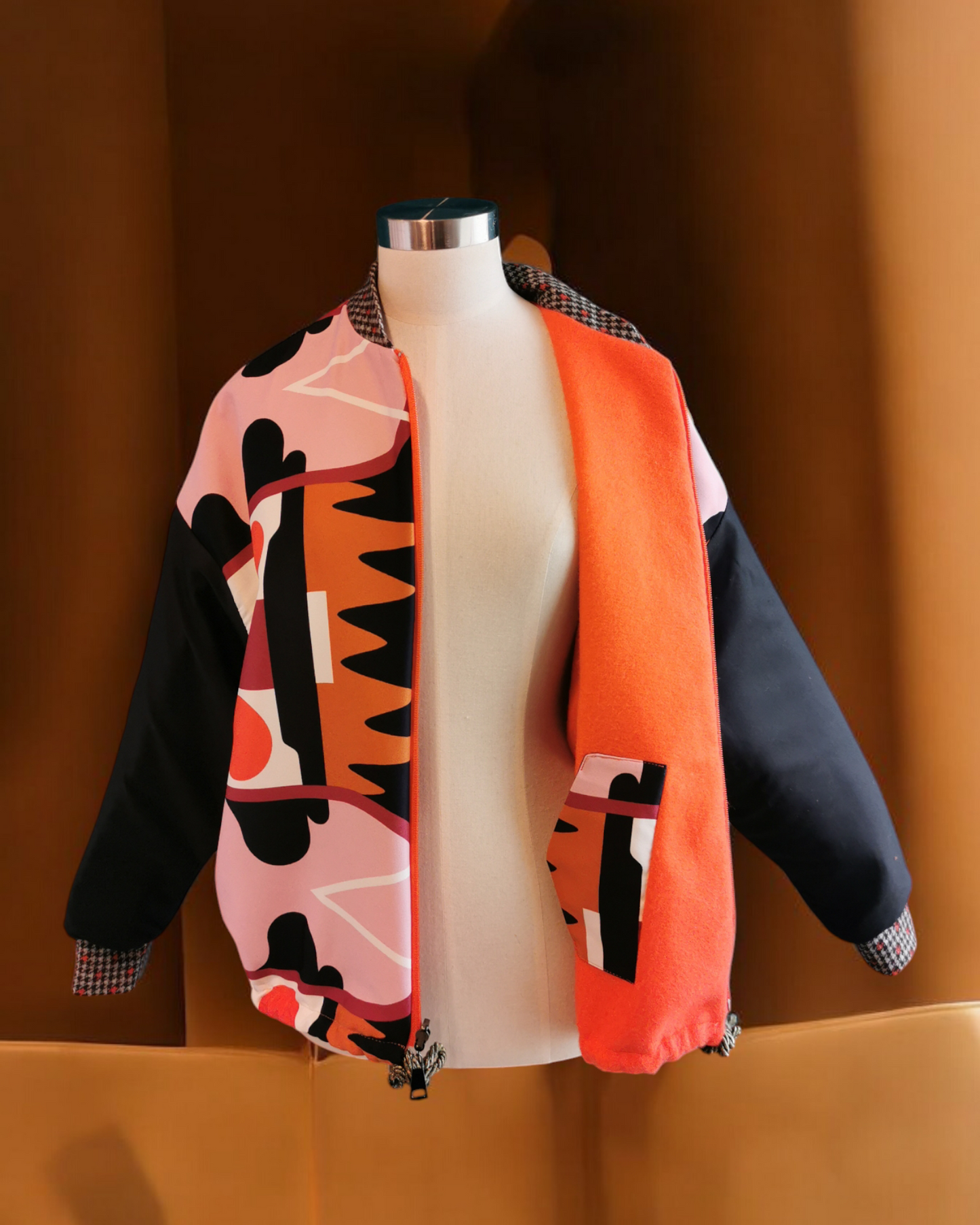 My BOMBER doubleface in lana arancio / tessuto viscosa fantasia
