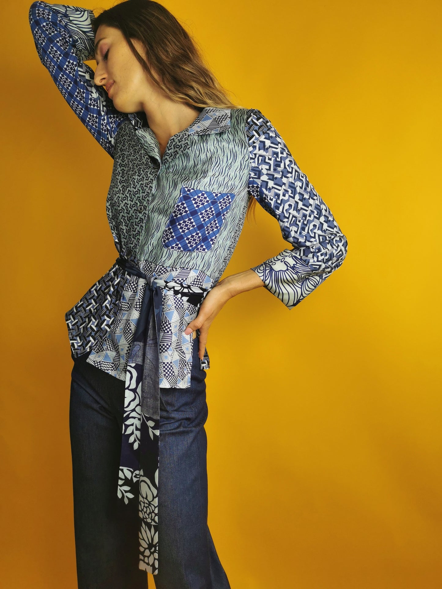 Camicia in seta fantasia blu patchwork