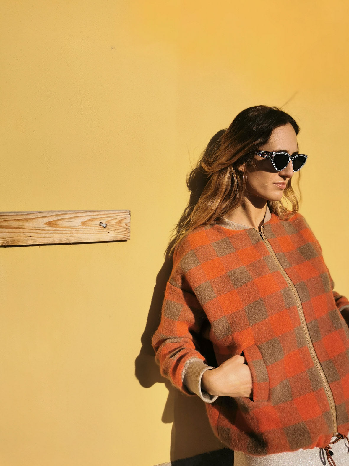 My BOMBER in lana check con maniche a contrasto