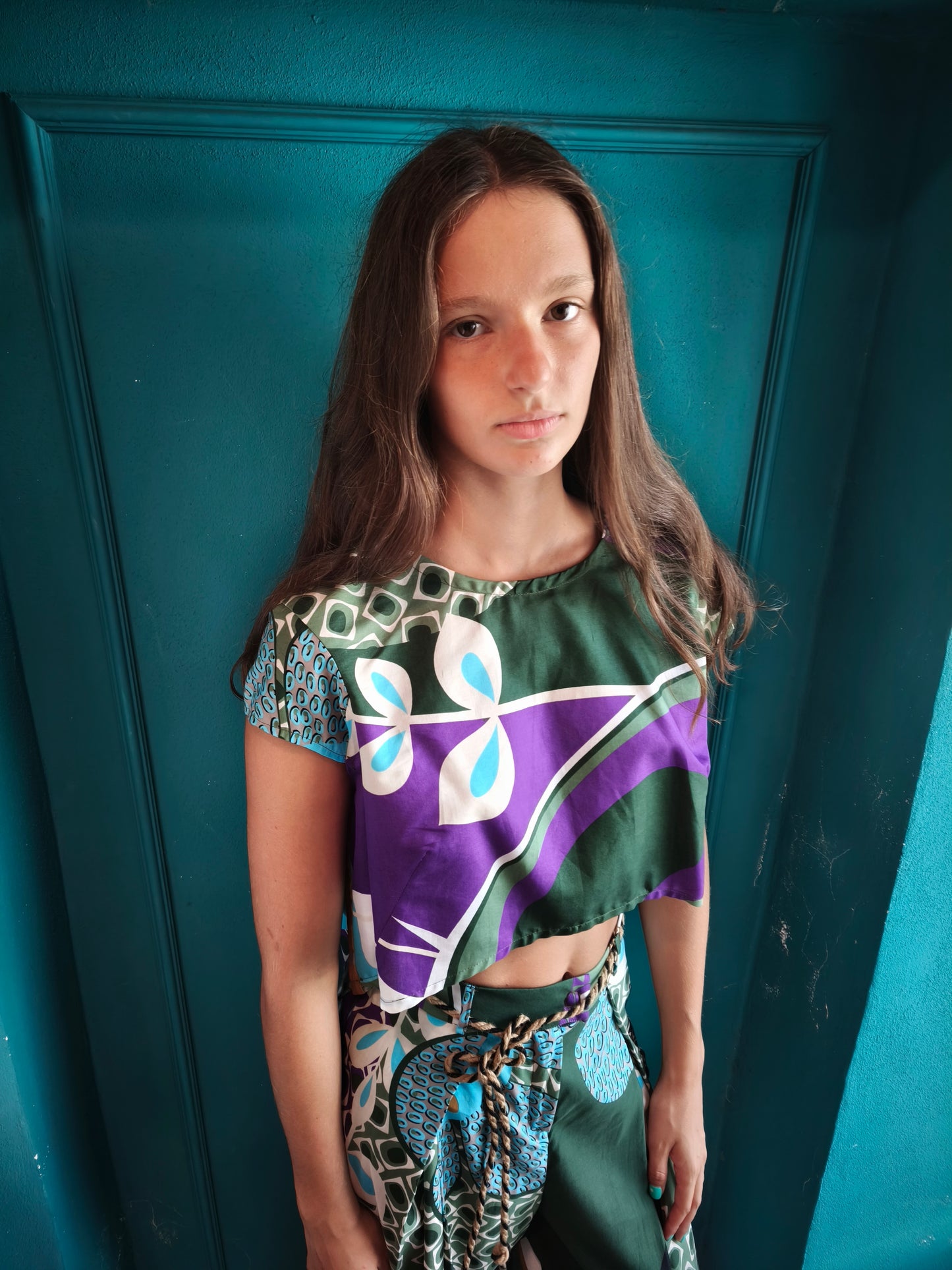 Blusa corta davanti lunga dietro in cotone fantasia