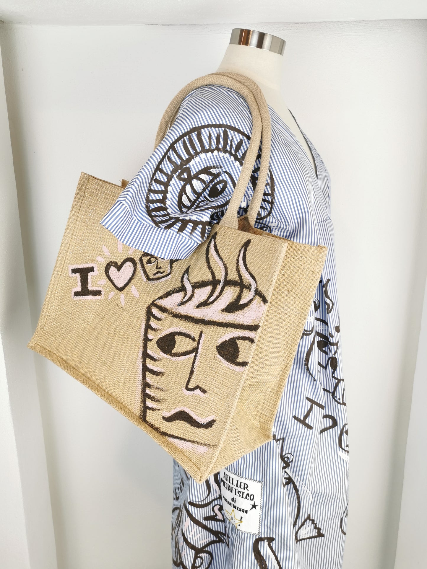 Shopper in Juta shimmer dipinta a mano